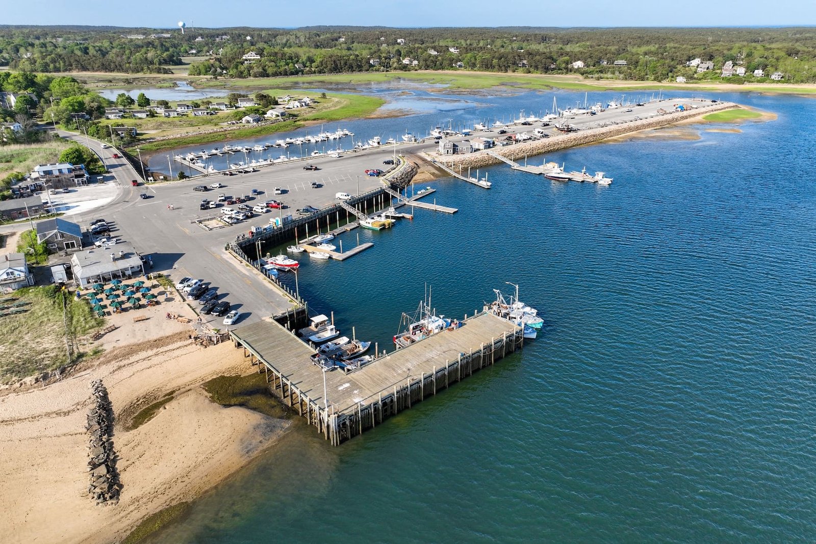 Aerial view of Wellfleet Harbor and the town pier, Wellfleet MA
